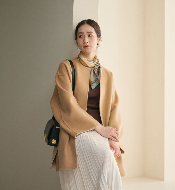 UNITED ARROWS「バイカラー リバー ミドルコート」|ノーカラーコート|