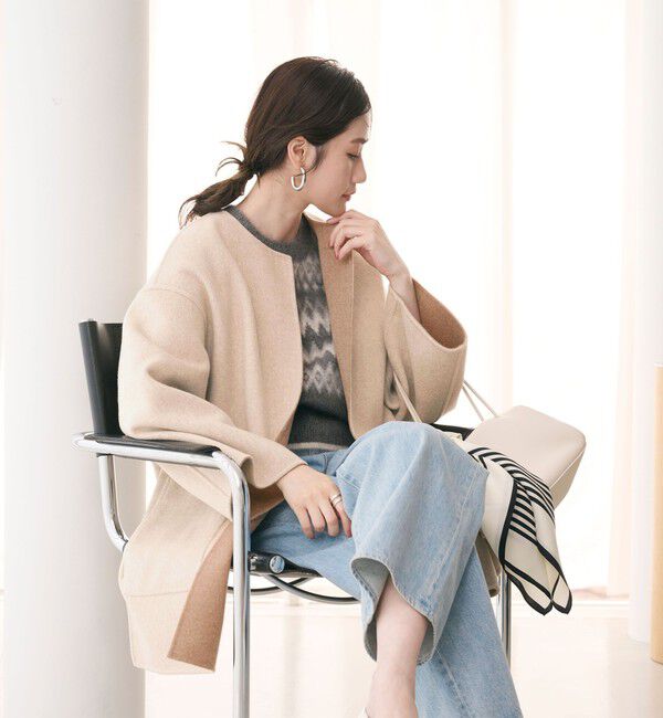 UNITED ARROWS「バイカラー リバー ミドルコート」|ノーカラーコート|