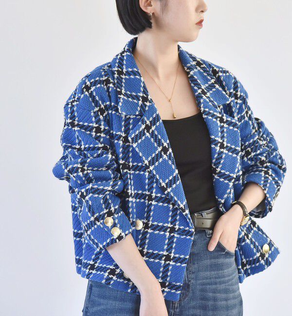 quaranciel「quaranciel: ブルー ツイード チェック テーラード ジャケット（セットアップ対応）」|テーラードジャケット|