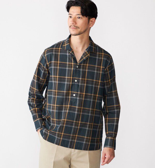 SHIPS「SHIPS: オープンカラー コットン マドラスチェック プルオーバー シャツ」|シャツ・ブラウス|ネイビー