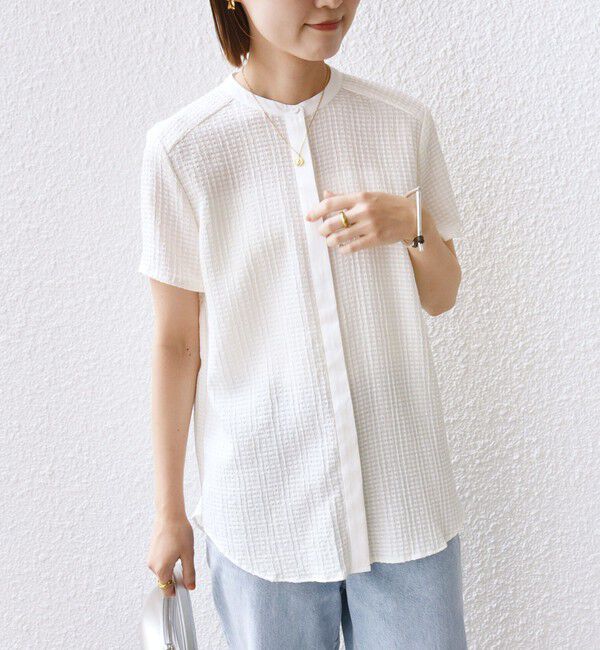 SHIPS for women「〈手洗い可能〉ジャカード バンドカラー ショート スリーブ ブラウス」|シャツ・ブラウス|オフホワイト