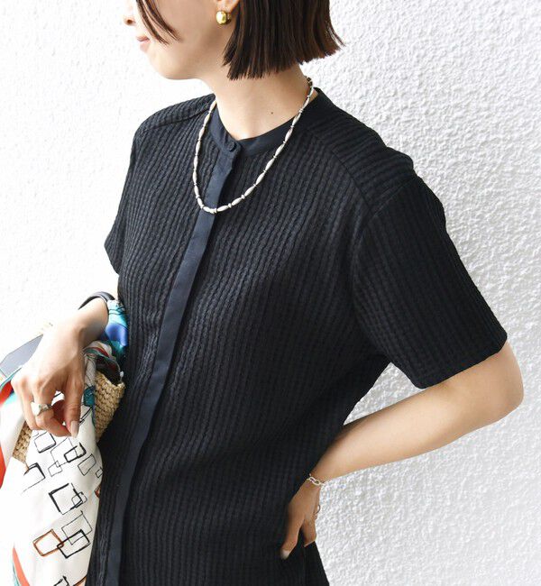 SHIPS for women「〈手洗い可能〉ジャカード バンドカラー ショート スリーブ ブラウス」|シャツ・ブラウス|ブラック