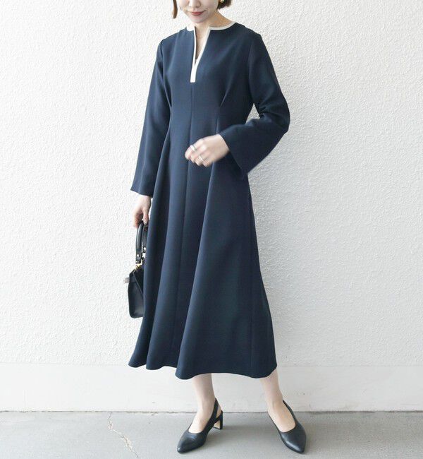 SHIPS any「【WEB限定】SHIPS any: ダブルクロス ウエスト タック Aライン ワンピース ［NAVY BLUE］」|ワンピース|