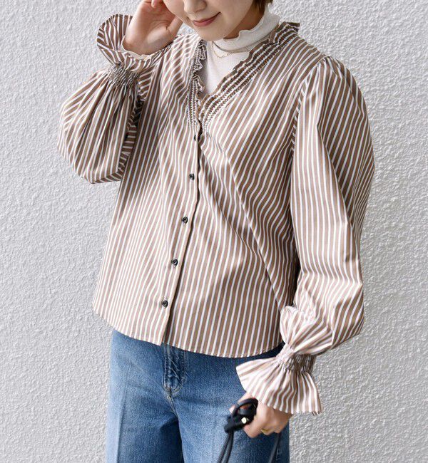 SHIPS for women「【WEB限定】〈手洗い可能〉 シャーリング Vネック 長袖 ブラウス」|シャツ・ブラウス|