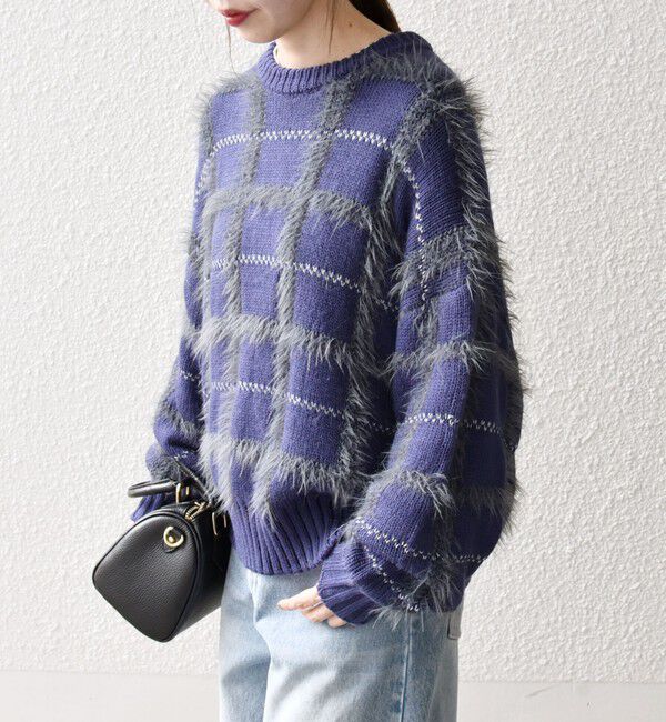 SHIPS any「SHIPS any:〈手洗い可能〉シャギー チェック クルーネック プルオーバー」|ニット・セーター|ブルー