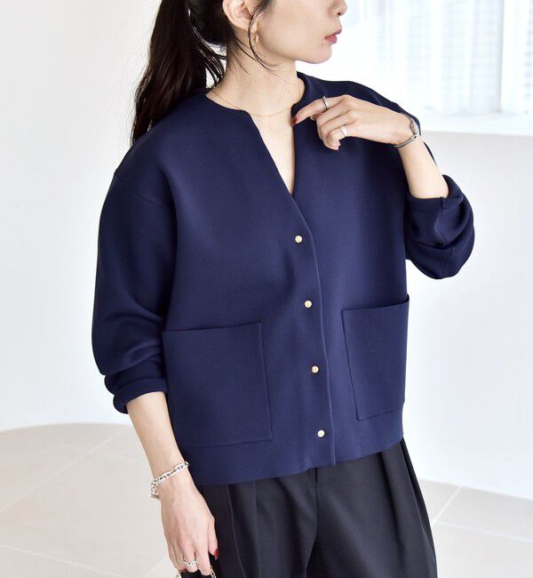 quaranciel「《一部追加予約》quaranciel:〈手洗い可能〉ノーカラー ポケット ニット ジャケット」|ノーカラージャケット|ネイビー