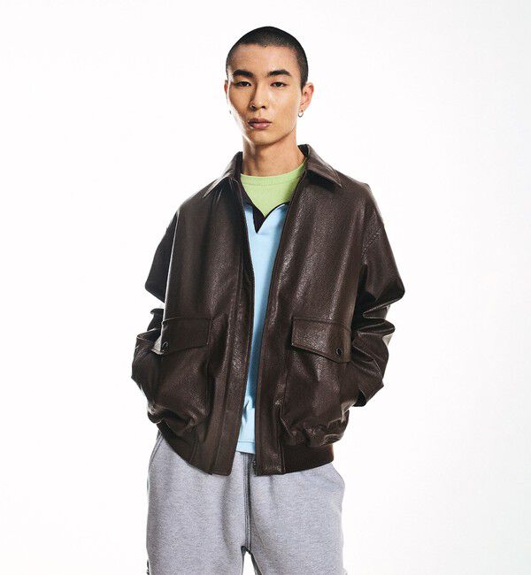 SHIPS「City Ambient Products: 合成皮革 ショート ジップ ブルゾン」|ブルゾン・スタジャン|