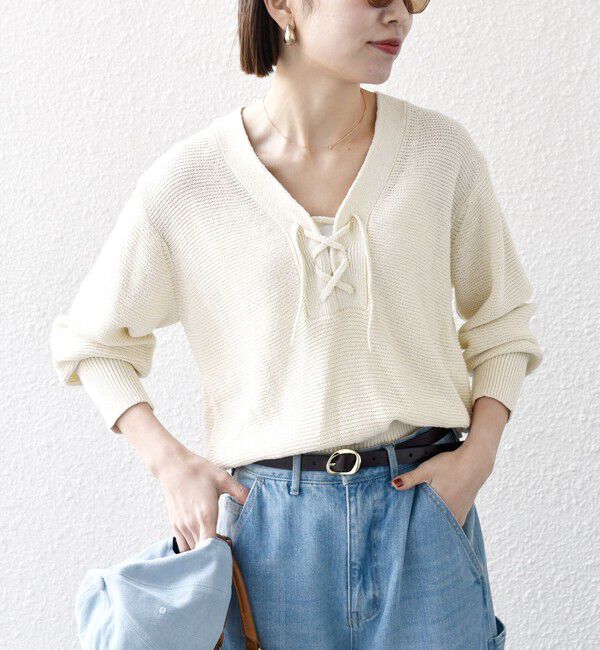SHIPS any「SHIPS any: シルク コットン レースアップ ニット プルオーバー」|ニット・セーター|