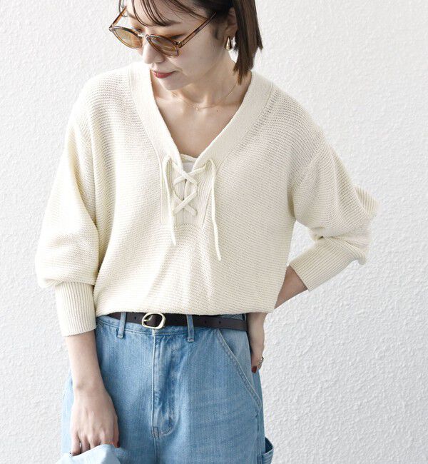 SHIPS any「SHIPS any: シルク コットン レースアップ ニット プルオーバー」|ニット・セーター|