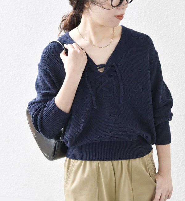 SHIPS any「SHIPS any: シルク コットン レースアップ ニット プルオーバー」|ニット・セーター|ネイビー