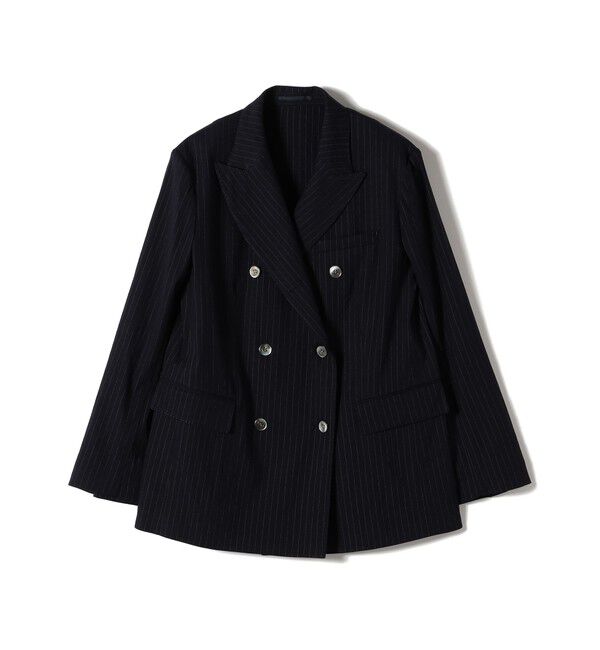 SHIPS for women「SHIPS Primary Navy Label:麻混 ストライプ ストレッチ ダブル ジャケット」|テーラードジャケット|ネイビー