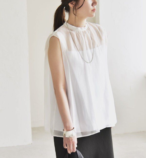 quaranciel「quaranciel:〈洗濯機可能〉シアー ハイネック ノースリーブ ギャザー ブラウス」|シャツ・ブラウス|