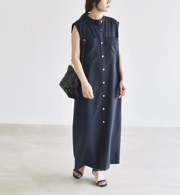 quaranciel「quaranciel:〈洗濯機可能〉ウーステッド ノースリーブ バンドカラー シャツ ワンピース」|ワンピース|ネイビー