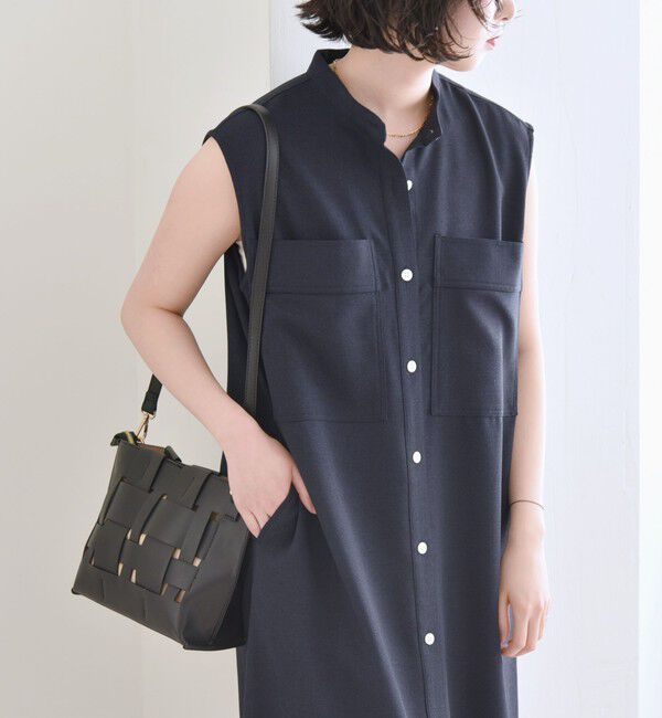 quaranciel「quaranciel:〈洗濯機可能〉ウーステッド ノースリーブ バンドカラー シャツ ワンピース」|ワンピース|