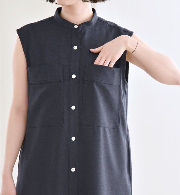 quaranciel「quaranciel:〈洗濯機可能〉ウーステッド ノースリーブ バンドカラー シャツ ワンピース」|ワンピース|