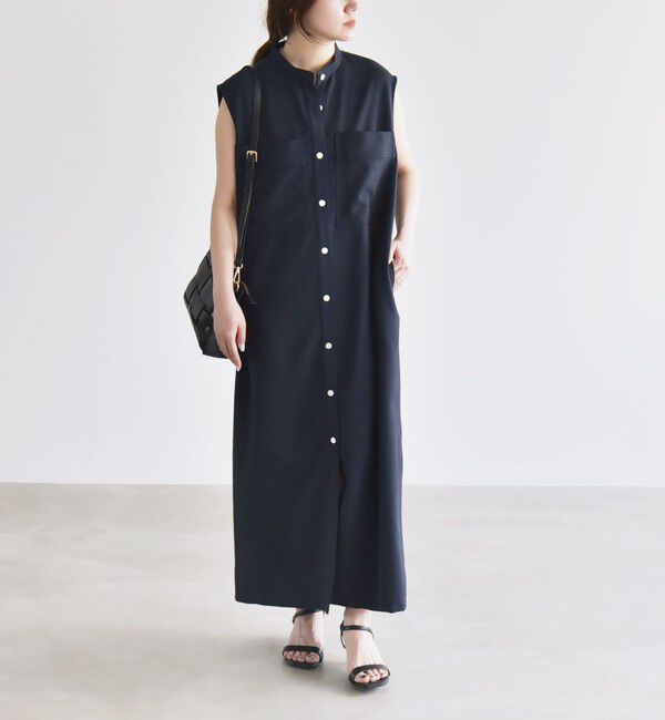 quaranciel「quaranciel:〈洗濯機可能〉ウーステッド ノースリーブ バンドカラー シャツ ワンピース」|ワンピース|