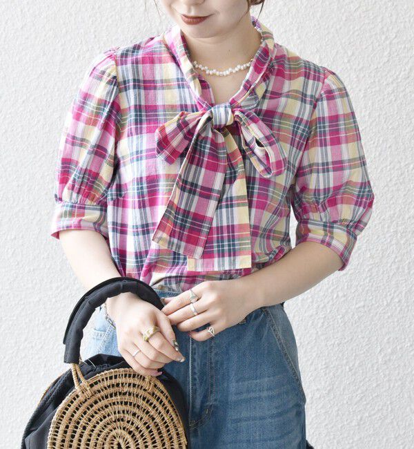 SHIPS any「SHIPS any:〈洗濯機可能〉マドラス チェック ボウタイ パフスリーブ ブラウス」|シャツ・ブラウス|