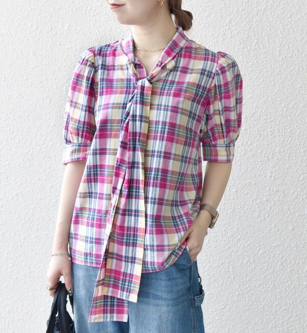 SHIPS any「SHIPS any:〈洗濯機可能〉マドラス チェック ボウタイ パフスリーブ ブラウス」|シャツ・ブラウス|