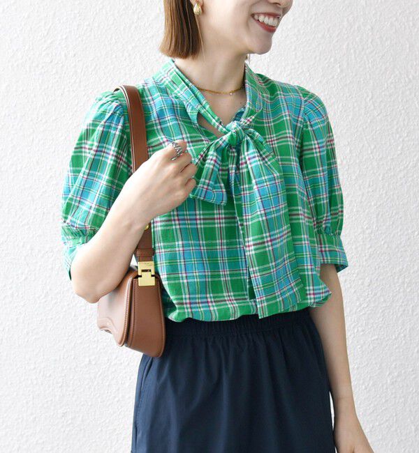 SHIPS any「SHIPS any:〈洗濯機可能〉マドラス チェック ボウタイ パフスリーブ ブラウス」|シャツ・ブラウス|グリーン