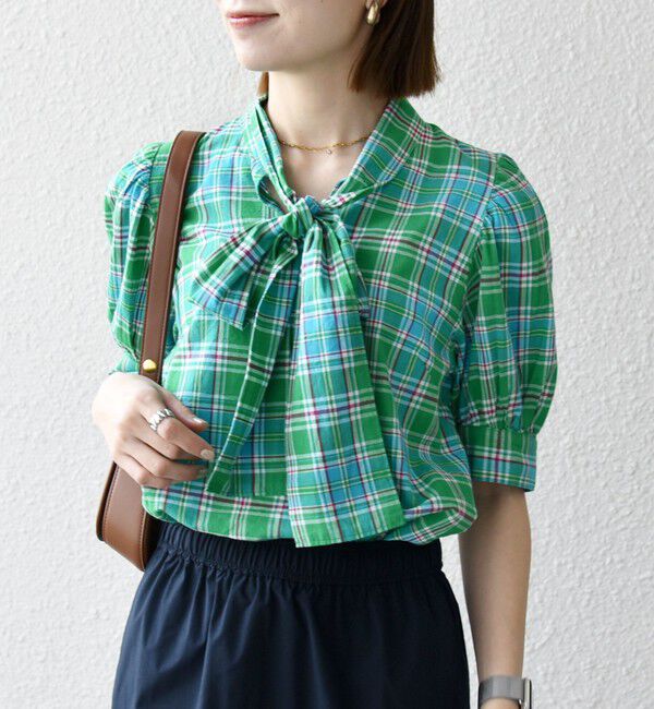SHIPS any「SHIPS any:〈洗濯機可能〉マドラス チェック ボウタイ パフスリーブ ブラウス」|シャツ・ブラウス|