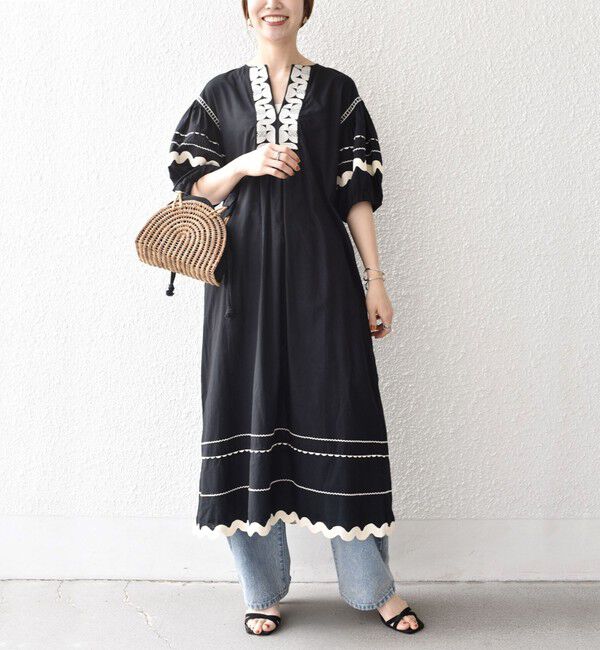 SHIPS any「bon_meur:〈洗濯機可能〉ジオメトリック エンブロイダリー パフ マキシ ワンピース」|ワンピース|