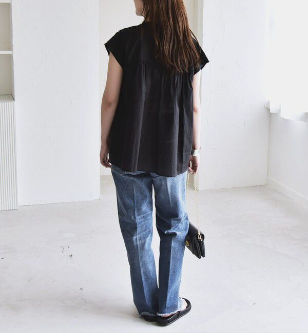 quaranciel「quaranciel:〈手洗い可能〉コットンボイル シアー ギャザー バンドカラー シャツ ブラウス」|シャツ・ブラウス|