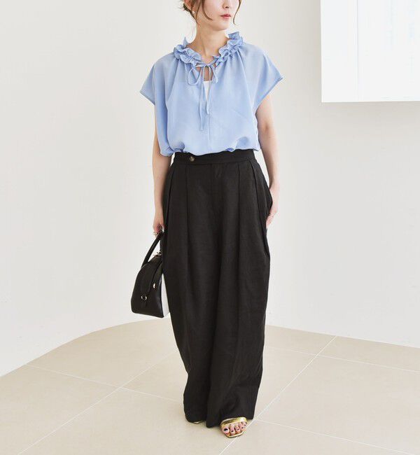 quaranciel「quaranciel:〈洗濯機可能〉フリルカラー リボン フレンチスリーブ ブラウス」|シャツ・ブラウス|