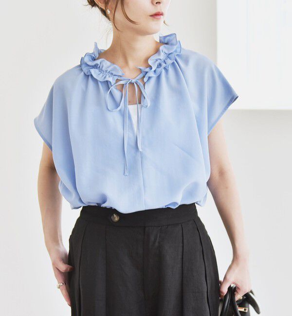 quaranciel「quaranciel:〈洗濯機可能〉フリルカラー リボン フレンチスリーブ ブラウス」|シャツ・ブラウス|