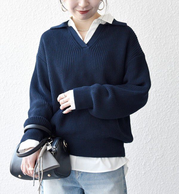 SHIPS any「《予約》SHIPS any:〈手洗い可能〉 片畦編み ポロカラー スキッパー ニット プルオーバー」|ニット・セーター|