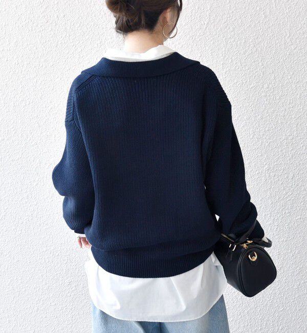 SHIPS any「《予約》SHIPS any:〈手洗い可能〉 片畦編み ポロカラー スキッパー ニット プルオーバー」|ニット・セーター|