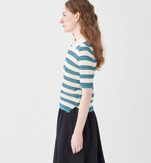 MACPHEE「コットンナイロンラメボーダー ポロカラープルオーバー」|ニット・セーター|