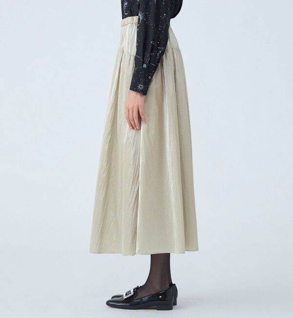 Ballsey「シャイニーコーティング ギャザーヨークロングスカート」|フレア|