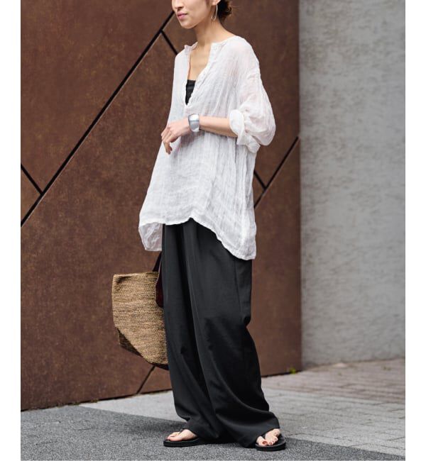 FRAMeWORK「LINENクレープヘンリーネックブラウス」|シャツ・ブラウス|