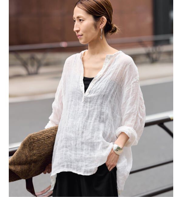FRAMeWORK「LINENクレープヘンリーネックブラウス」|シャツ・ブラウス|