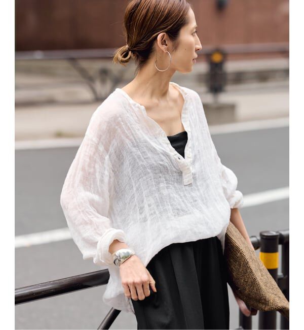 FRAMeWORK「LINENクレープヘンリーネックブラウス」|シャツ・ブラウス|