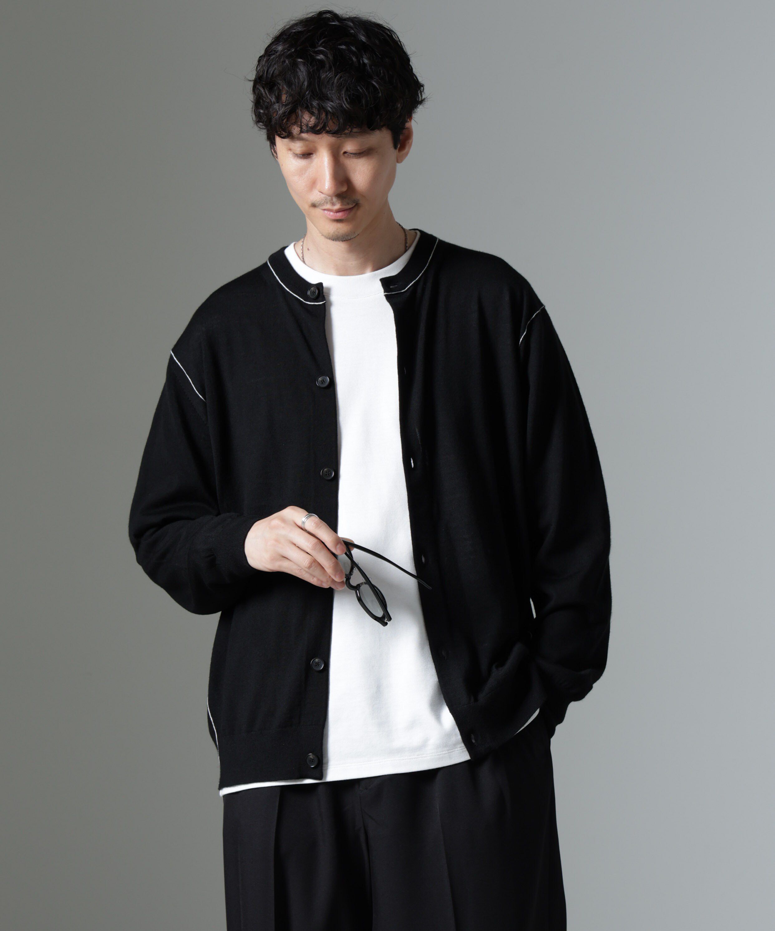 nano･universe「コントラストラインクルーネックカーディガン」|ニット・セーター|