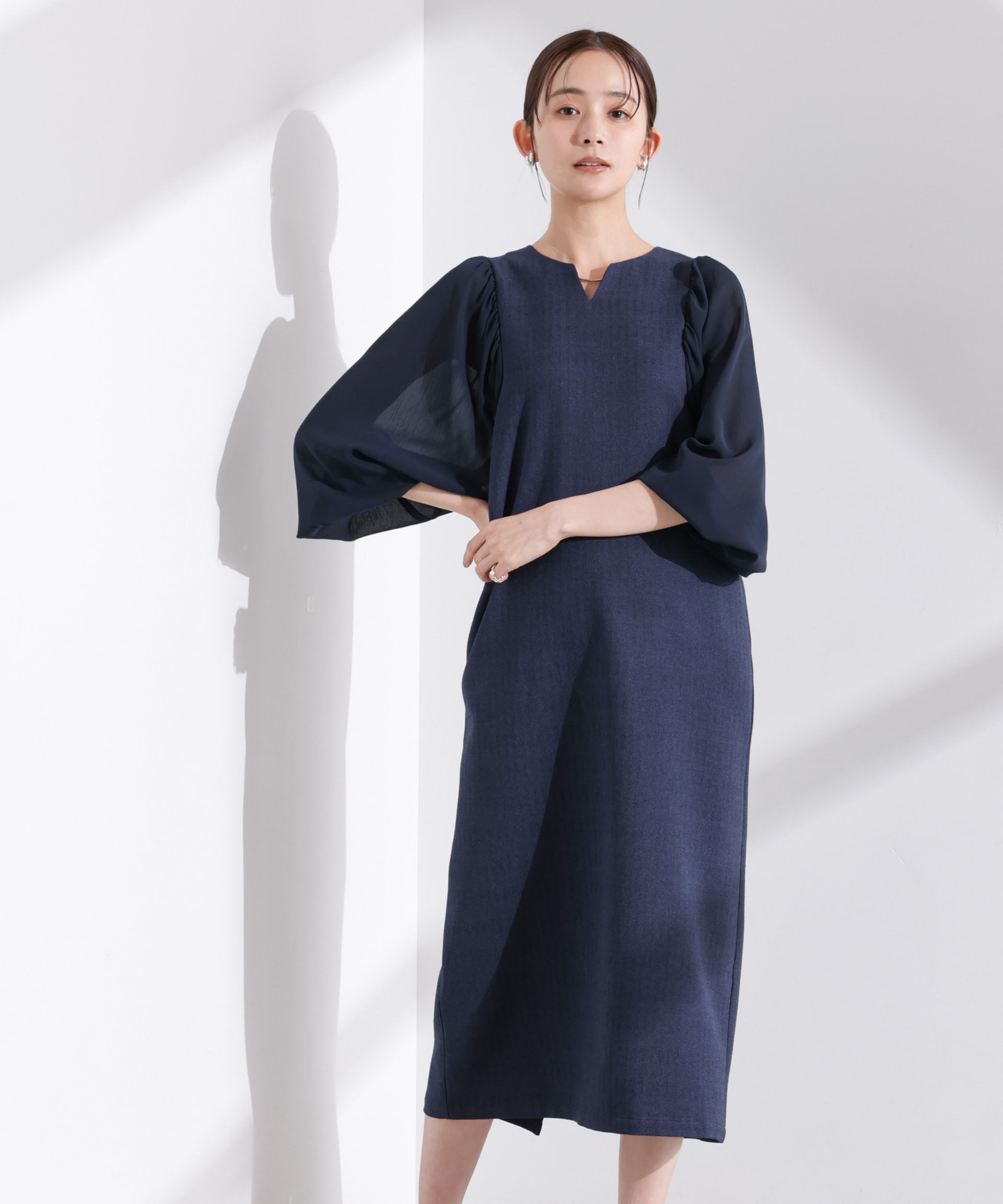 nano･universe「シアーボリュームスリーブコンビワンピース」|ワンピース|ネイビー