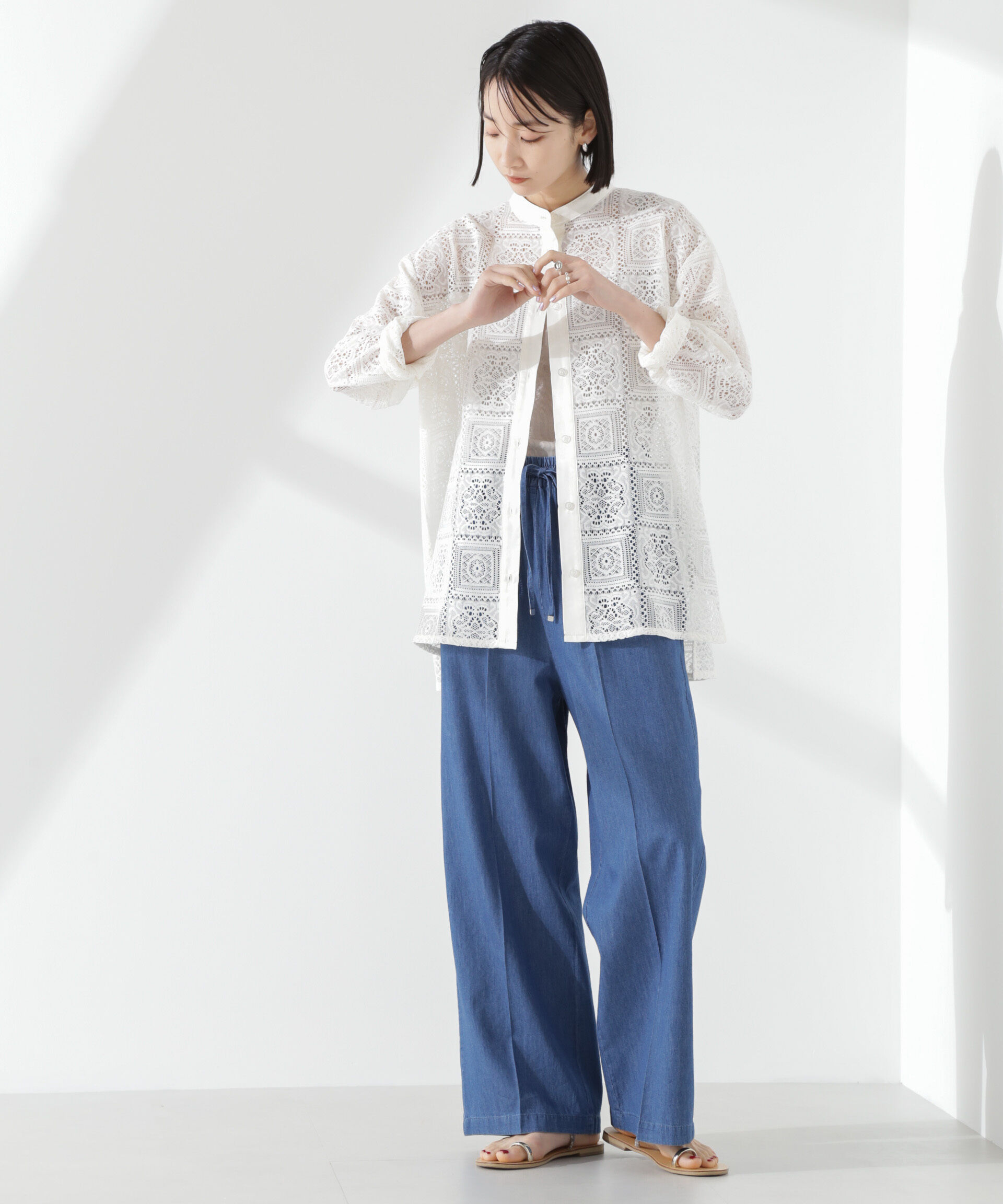 nano･universe「ライトデニムドロストセンタープレスパンツ(セットアップ可)」|チノ|