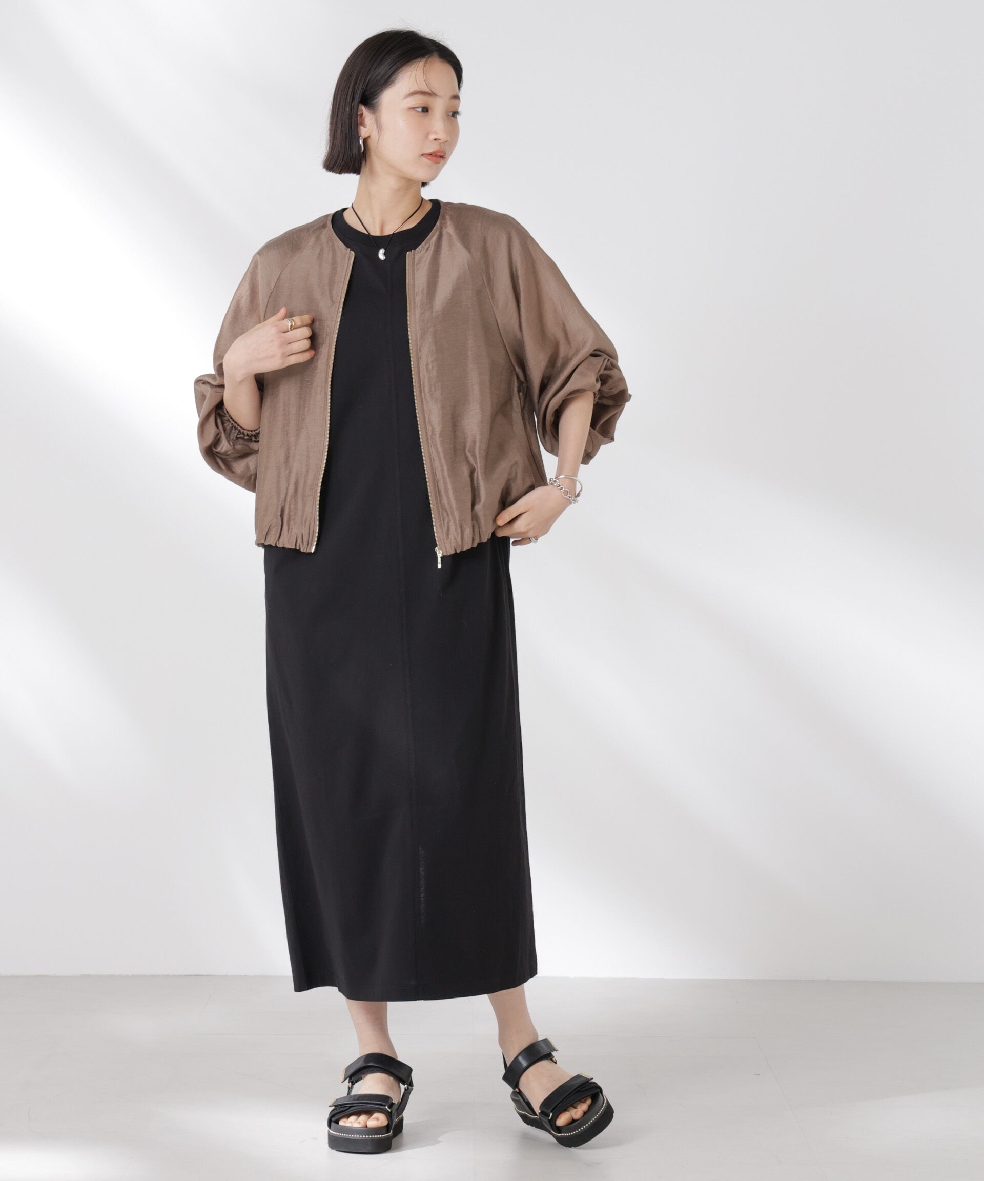 nano･universe「STORATECH 機能素材タックスリーブカットワンピース」|ワンピース|ブラック