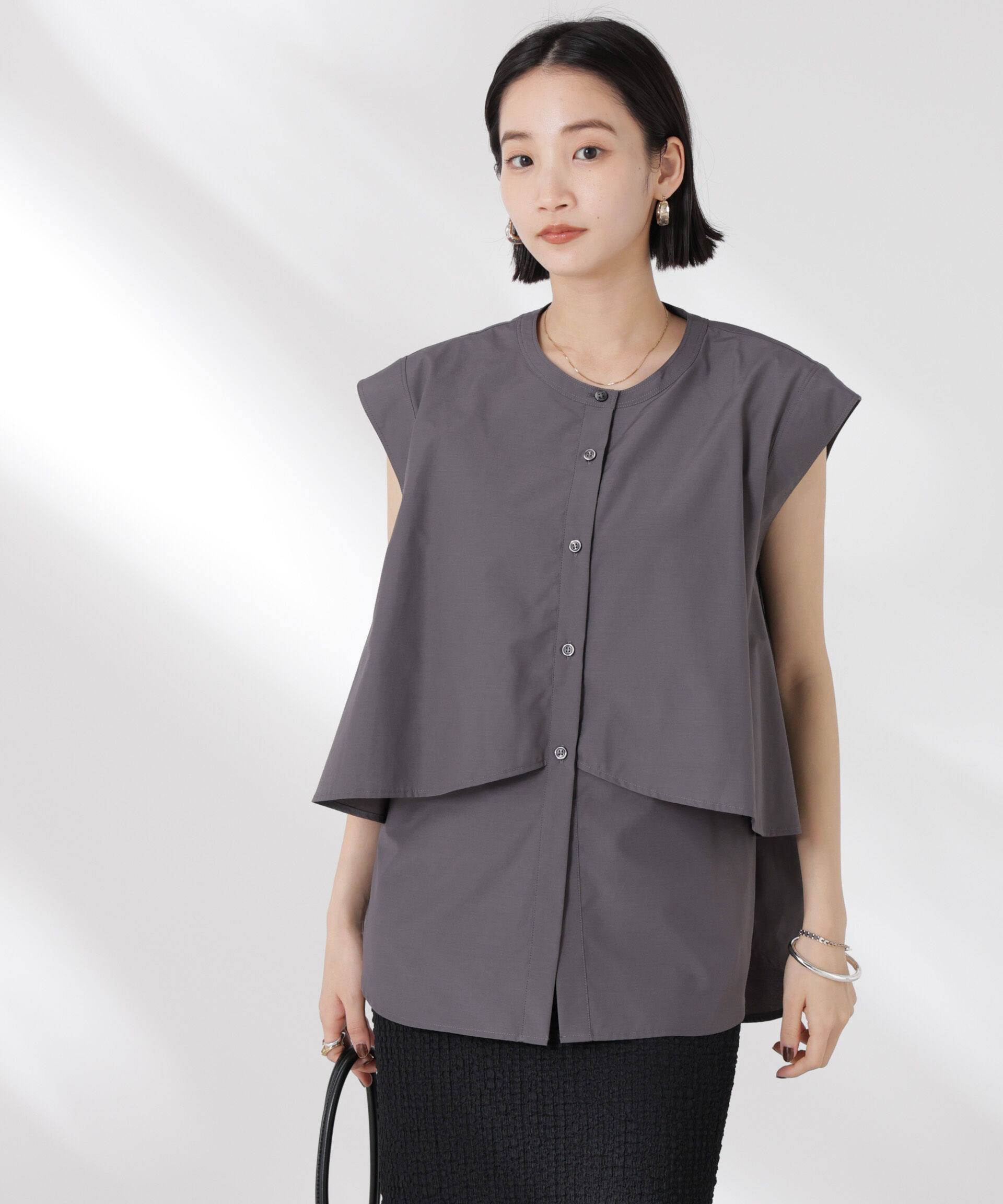 nano･universe「フロントフレアケープカラーノースリーブシャツ」|シャツ・ブラウス|