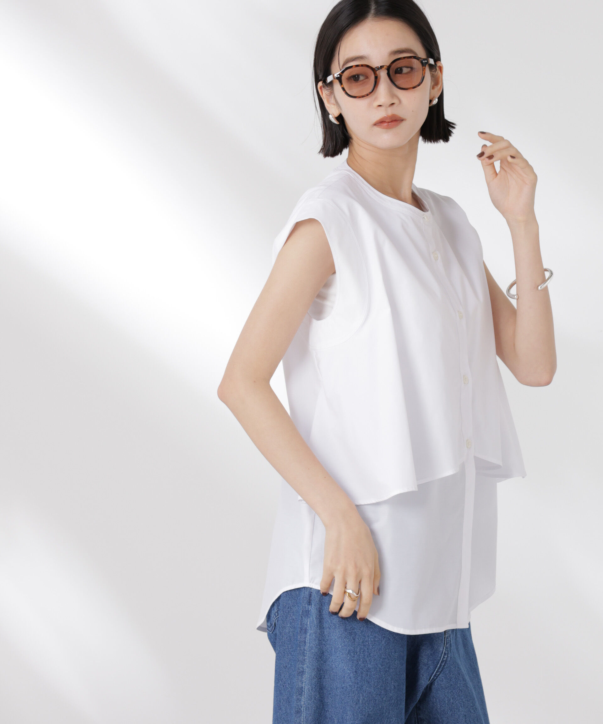 nano･universe「フロントフレアケープカラーノースリーブシャツ」|シャツ・ブラウス|