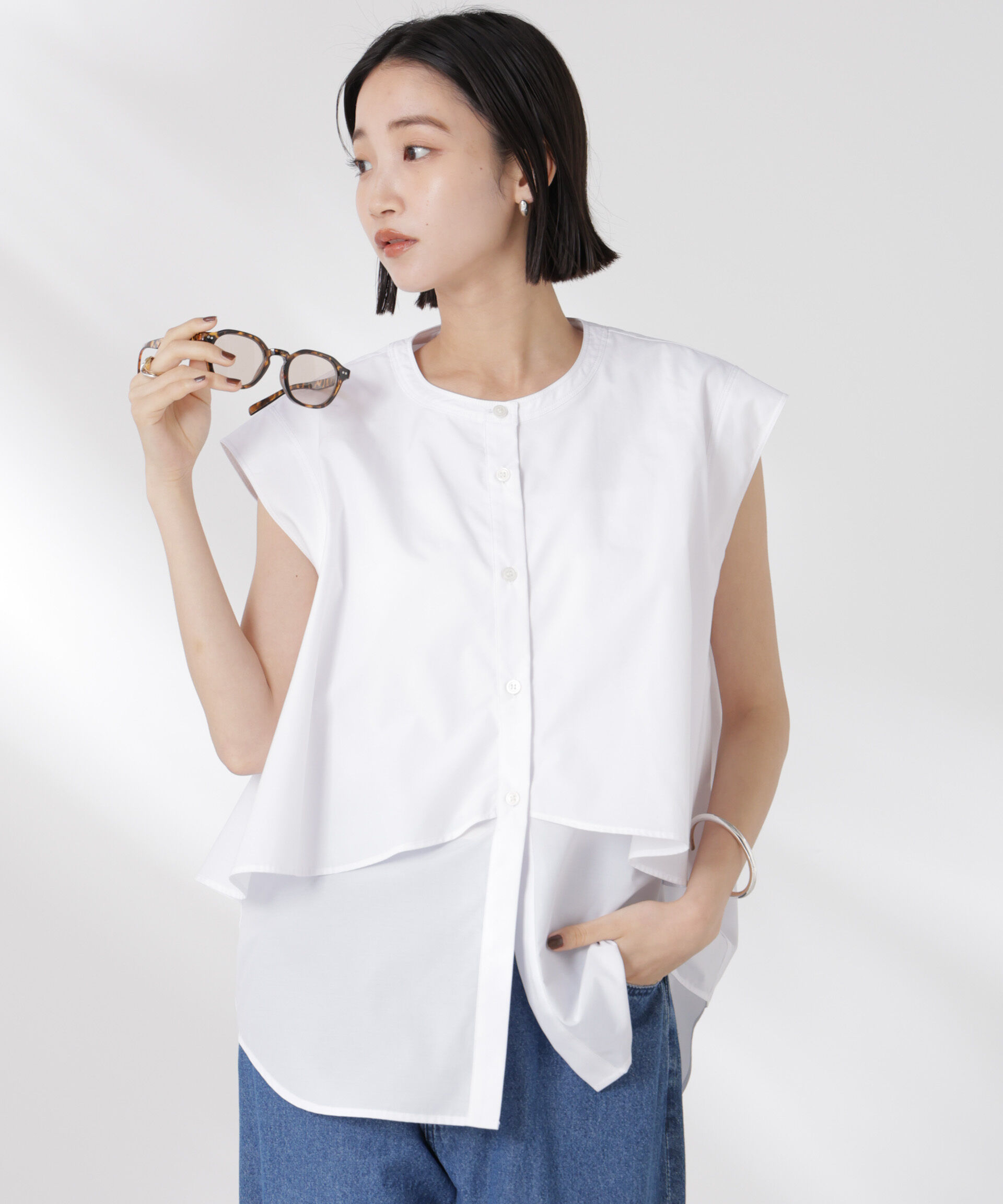 nano･universe「フロントフレアケープカラーノースリーブシャツ」|シャツ・ブラウス|