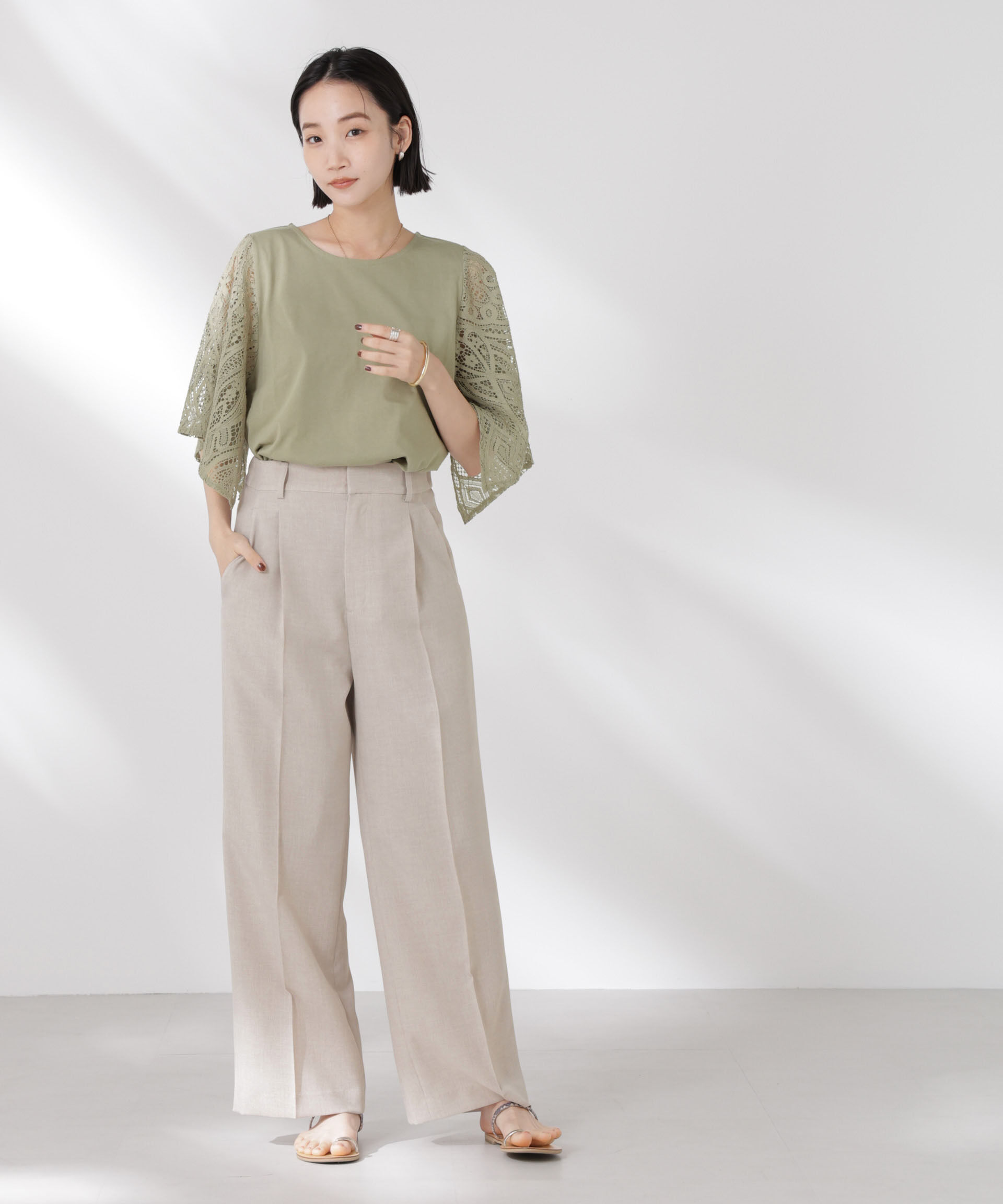 nano･universe「リネンライクセンタープレスタックパンツ(セットアップ可)」|チノ|