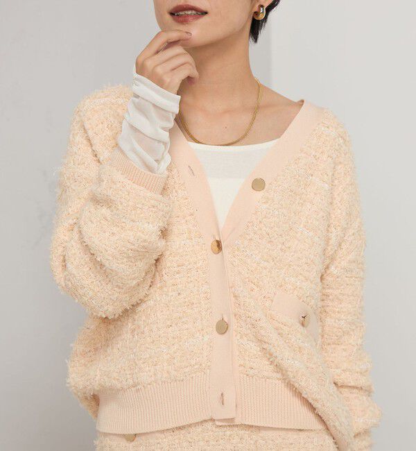 Rie Miller「《セットアップ対応》ファンシーツイード風スパンコール入りVネックカーディガン」|カーディガン|