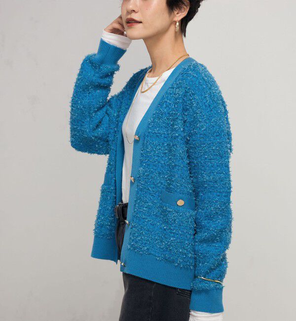 Rie Miller「《セットアップ対応》ファンシーツイード風スパンコール入りVネックカーディガン」|カーディガン|