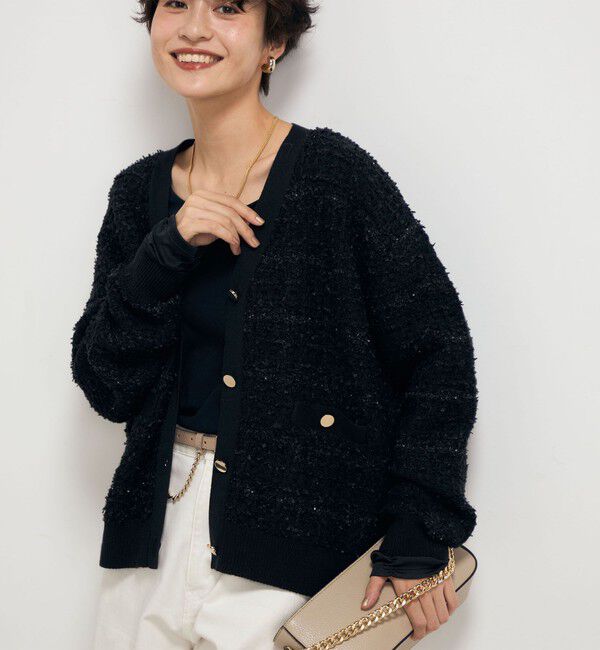 Rie Miller「《セットアップ対応》ファンシーツイード風スパンコール入りVネックカーディガン」|カーディガン|ブラック