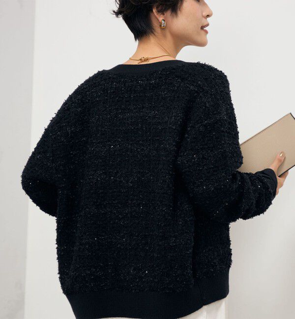 Rie Miller「《セットアップ対応》ファンシーツイード風スパンコール入りVネックカーディガン」|カーディガン|