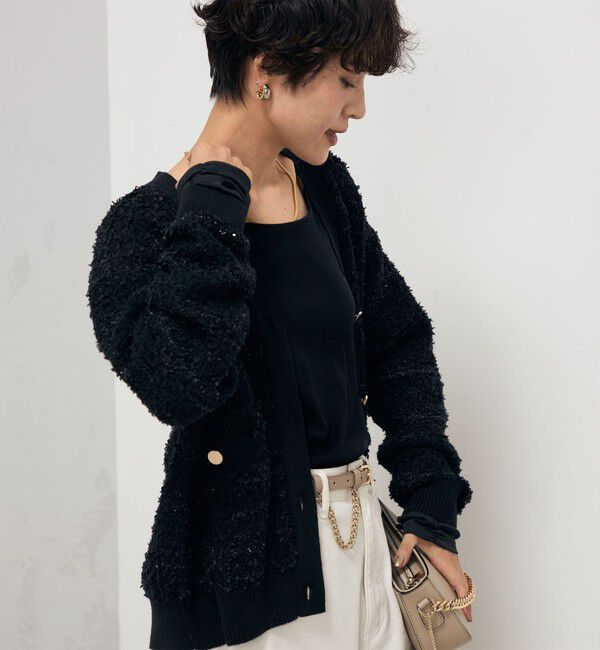 Rie Miller「《セットアップ対応》ファンシーツイード風スパンコール入りVネックカーディガン」|カーディガン|