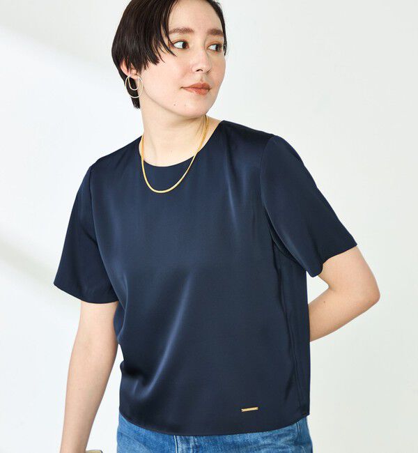 NOLLEY'S「オトナサテン半袖Tブラウス」|シャツ・ブラウス|ネイビー