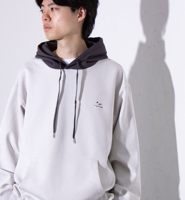 GLOSTER「【GLOSTER/グロスター】フレンチブルドッグ刺繍  ダンボールバイカラーパーカー フーディ」|パーカー|グレイッシュベージュ